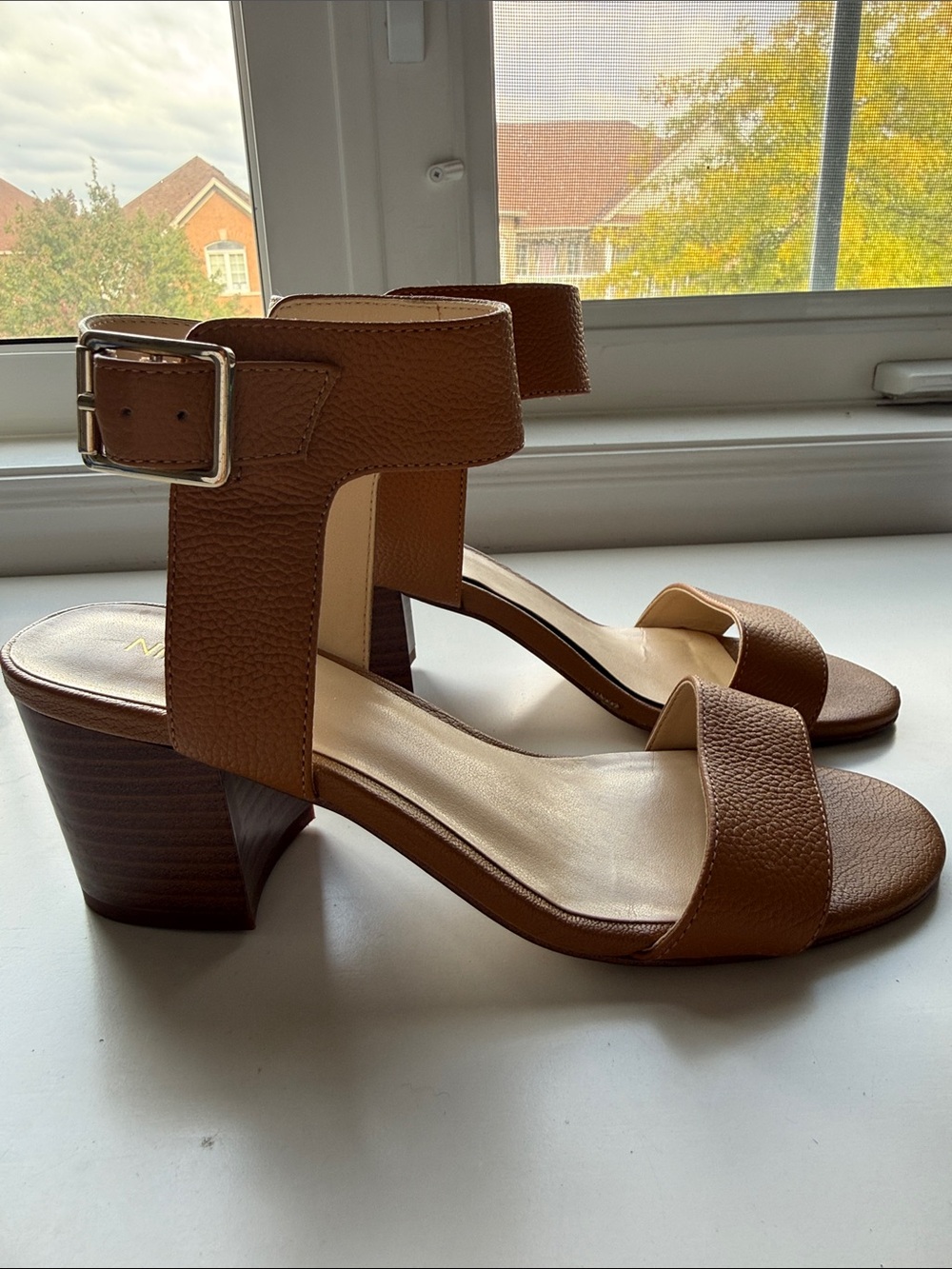 Tan Leather Ankle Strap Block Heel Sandals